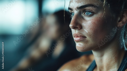 A close-up shot of a woman appearing sweaty, determined, and focused, likely during a strenuous workout session, shot in a dimly lit gym environment. photo