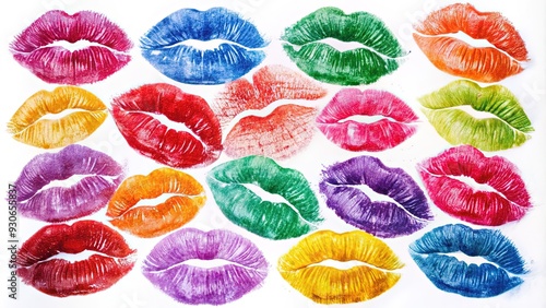 Colorful lip prints in various sizes and shades, scattered on a white background, creating a playful and abstract design, perfect for cosmetic or beauty themed projects. photo