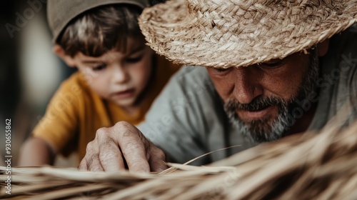 A shot capturing an intimate moment of a father and his young son carefully examining straw together, highlighting their shared focus and the rustic, outdoor setting. photo