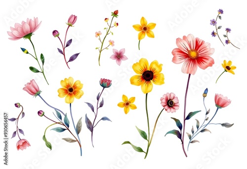 Wallpaper Mural Colorful various floral pattern with yellow and pink flowers, leaves, and other botanical elements on a white background Torontodigital.ca