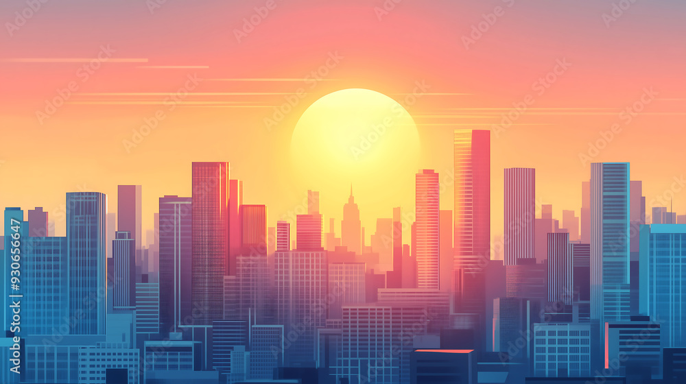 Fototapeta premium city skyline at sunset, with buildings and skyscrapers against the backdrop of a pastel sky The sun is setting in front of them, casting long shadows over the urban landscape