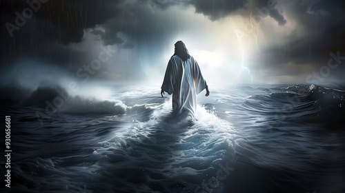 Jesus Walking on Water in a Stormy Night Scene