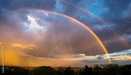 double rainbow and clouds on sky at sunset