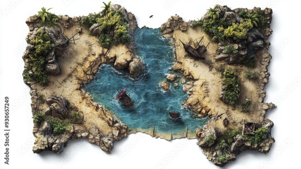 Fototapeta premium A high fantasy Halloween island map, cursed shores, pirate ghosts, and eerie shipwrecks, detailed and atmospheric, isolated on white background