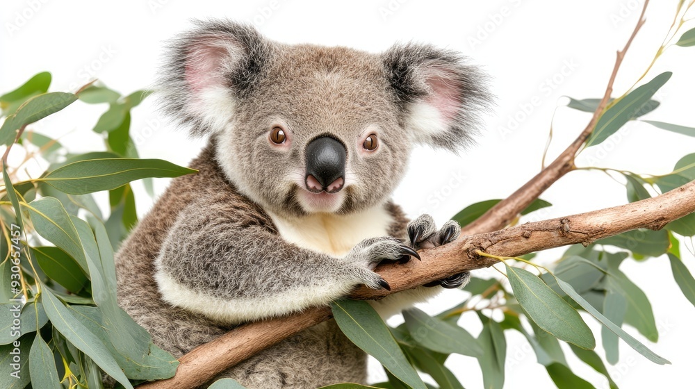 Fototapeta premium A koala bear clings to a eucalyptus branch, showcasing its distinctive features in a tranquil and isolated atmosphere
