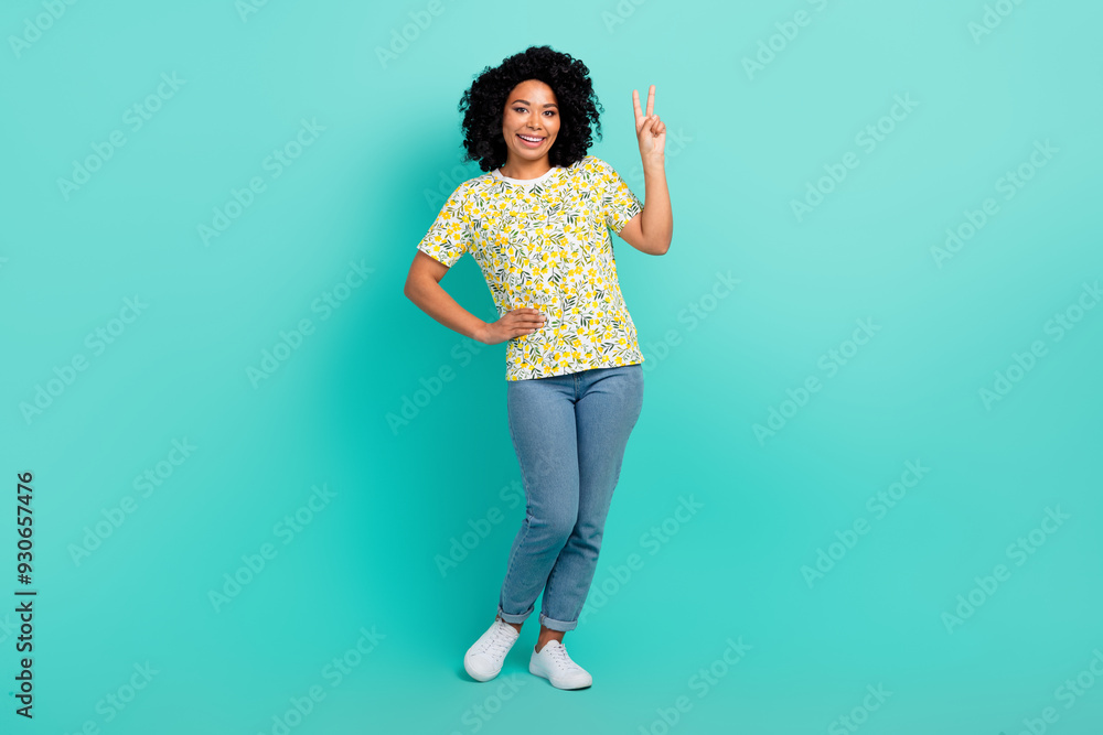 Full size photo of nice young woman show v-sign wear t-shirt isolated on teal color background Full size photo of nice young woman show v-sign wear t-shirt isolated on teal color background