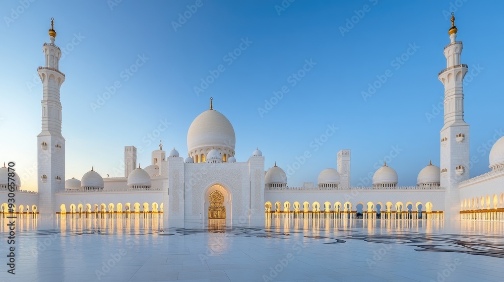 Fototapeta premium Witness the Grand Mosque's intricate domes and minarets illuminated under a sunny sky, creating mesmerizing reflections on the ground