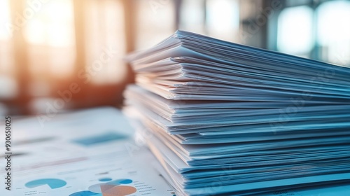 A stack of printed reports with graphs and charts, ready for presentation in a business environment photo