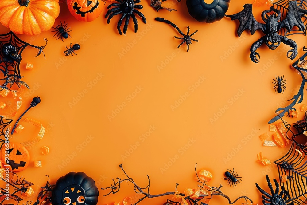 Obraz premium halloween party frame with orange pumpkins, rat, bats, net, spiders, black pumpkins, ghost face, skeleton, skull, ants, eyeballs, orange background empty space for text in center