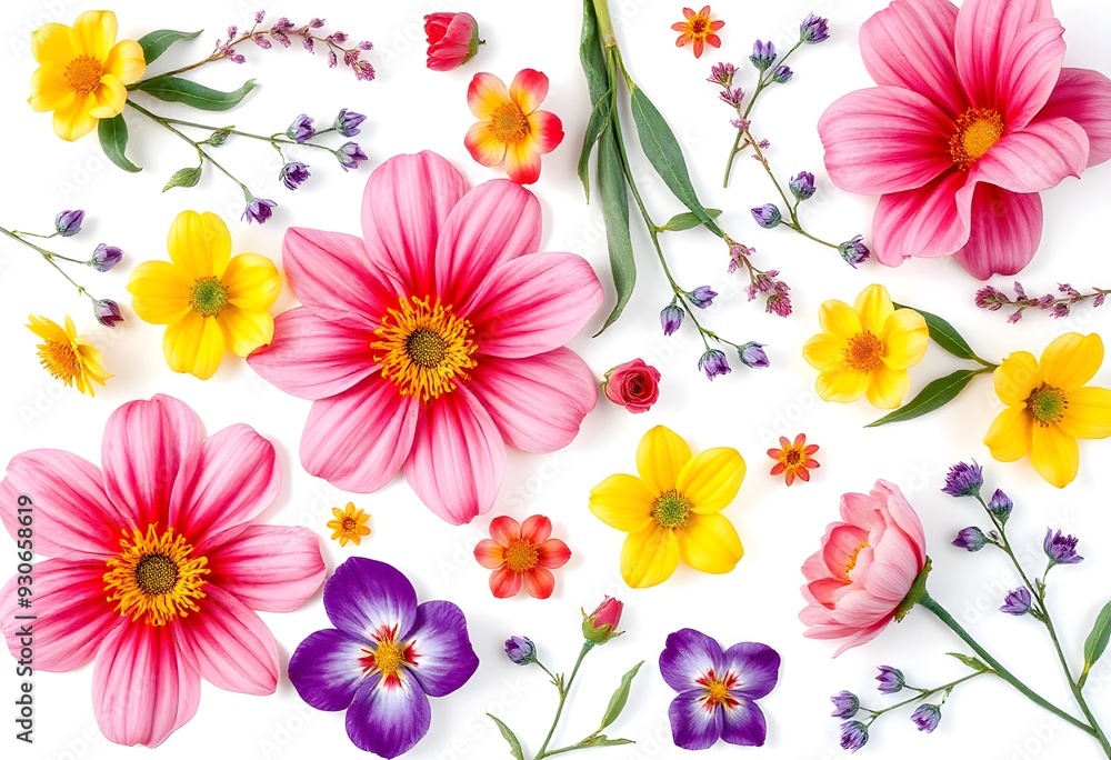Fototapeta premium Colorful various floral pattern with yellow and pink flowers, leaves, and other botanical elements on a white background