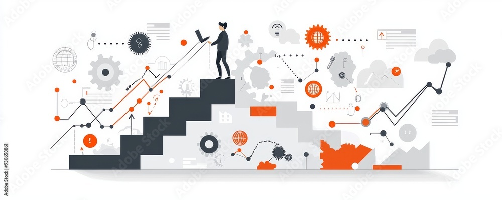 Business strategy and development concept illustration with person climbing stairs Business strategy and development concept illustration with person climbing stairs