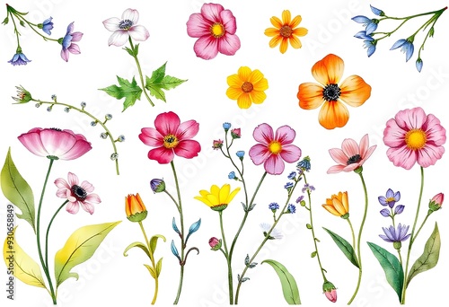 Wallpaper Mural Colorful various floral pattern with yellow and pink flowers, leaves, and other botanical elements on a white background Torontodigital.ca