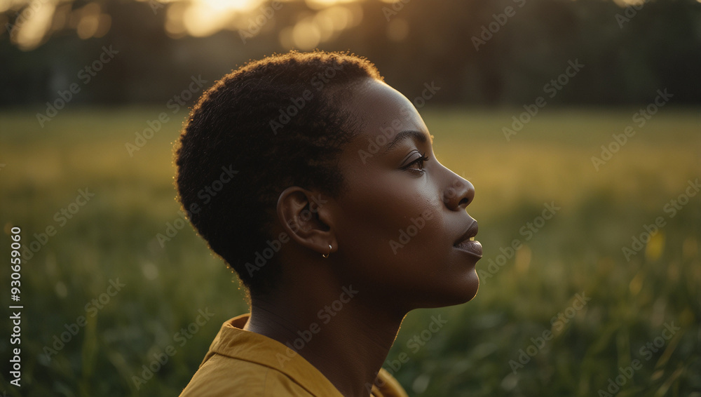 Black woman looking at the sky, taking breathe for peace and mind well-being Black woman looking at the sky, taking breathe for peace and mind well-being
