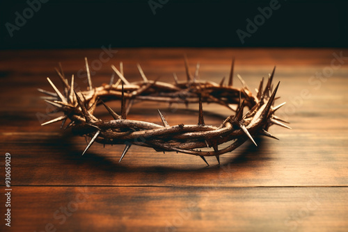 Thorns crown on textured wood, signifying Jesus as King of the Jews. photo