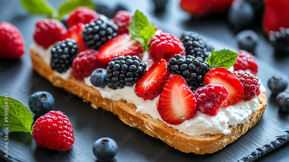 Fruit toast with cream cheese and berries on a black background, a healthy food concept, high-resolution photography Fruit toast with cream cheese and berries on a black background, a healthy food concept, high-resolution photography