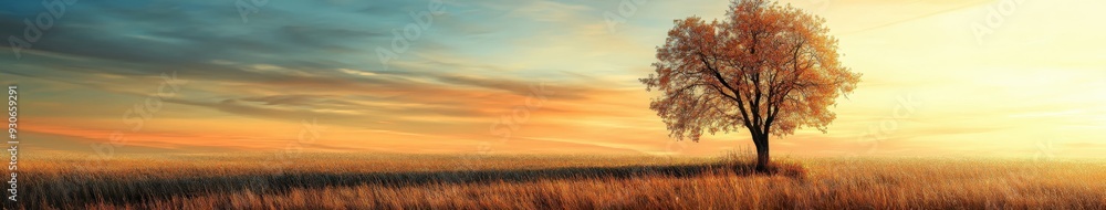 Obraz premium A lone tree at sunset in a golden field
