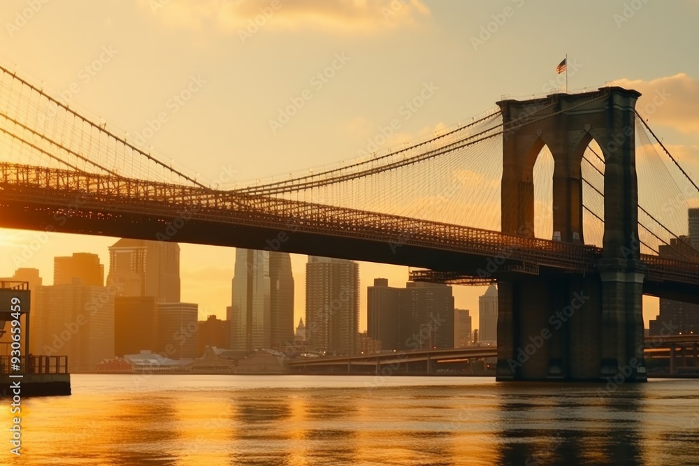 Naklejka premium Golden Span Modern Masonry and the Brooklyn Bridge at Sunset
