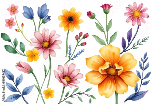 Colorful assortment of various flowers illustration including roses, daisies, and other blooms with green foliage on a white background