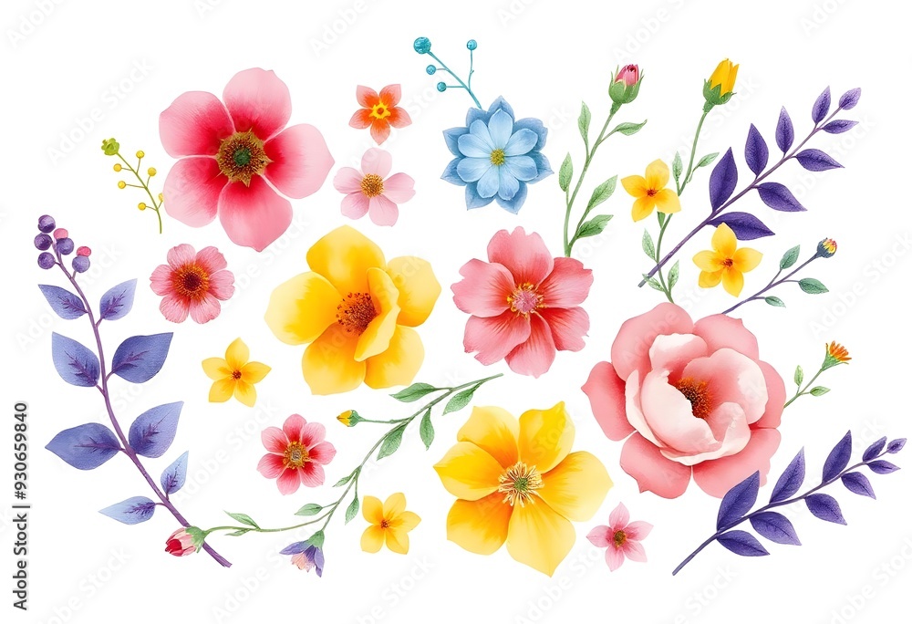 Obraz premium Colorful assortment of various flowers illustration including roses, daisies, and other blooms with green foliage on a white background