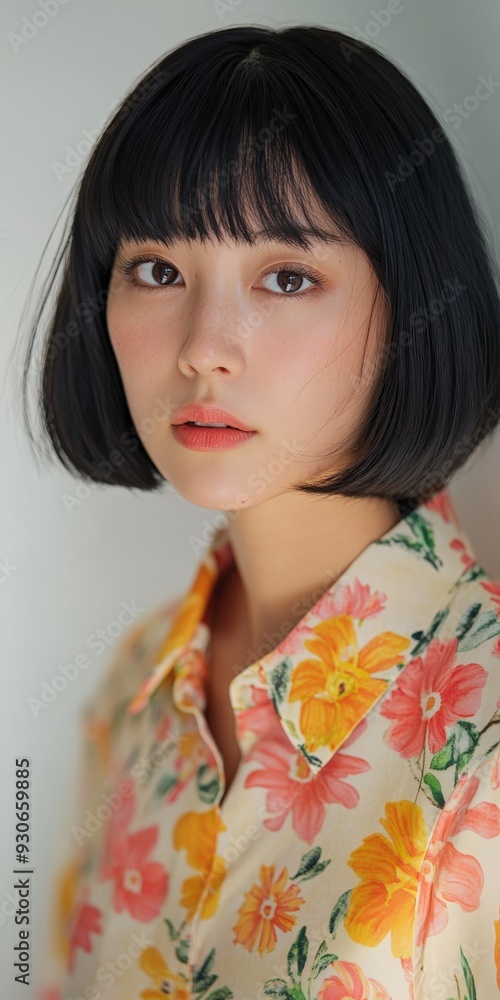 Japanese woman with bob hair poses in a floral shirt indoors Japanese woman with bob hair poses in a floral shirt indoors