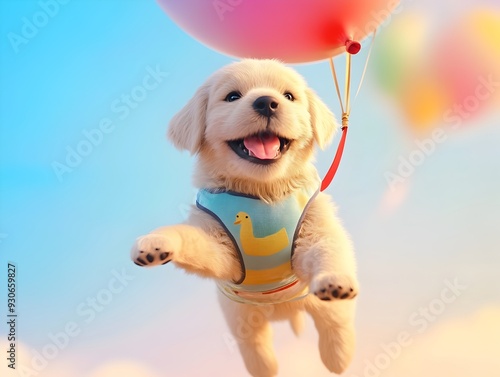 A 3D rendered image of a golden retriever puppy buoyantly floating in the air held aloft by a single large balloon attached to its vest  The puppy is excitedly enjoying the adventure photo