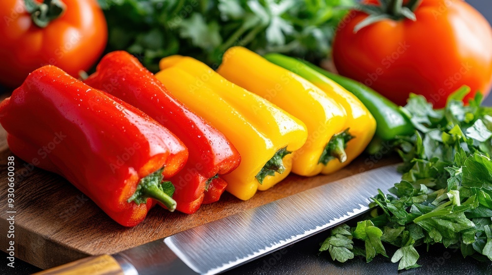 A cutting board with peppers, tomatoes and herbs on it, AI A cutting board with peppers, tomatoes and herbs on it, AI