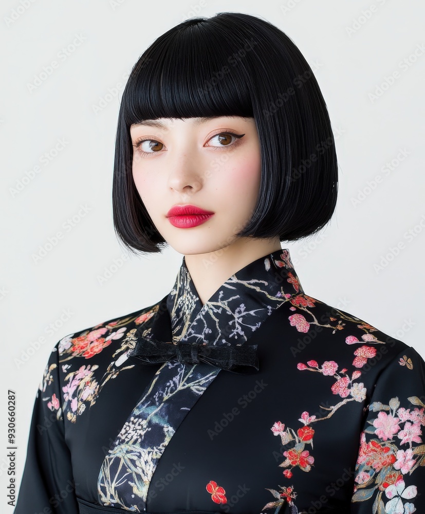 Japanese woman in a floral kimono with a bob haircut Japanese woman in a floral kimono with a bob haircut