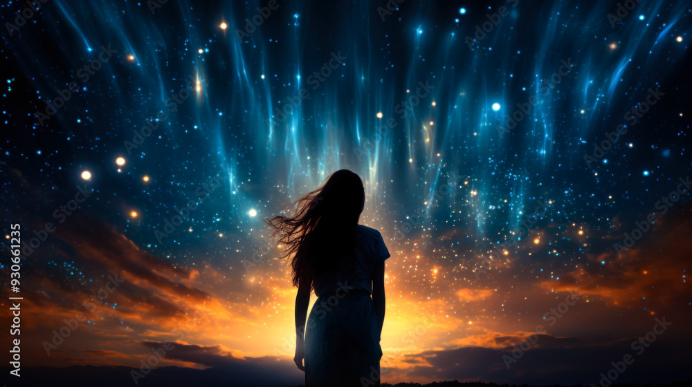 Fototapeta premium Woman under the starry night sky