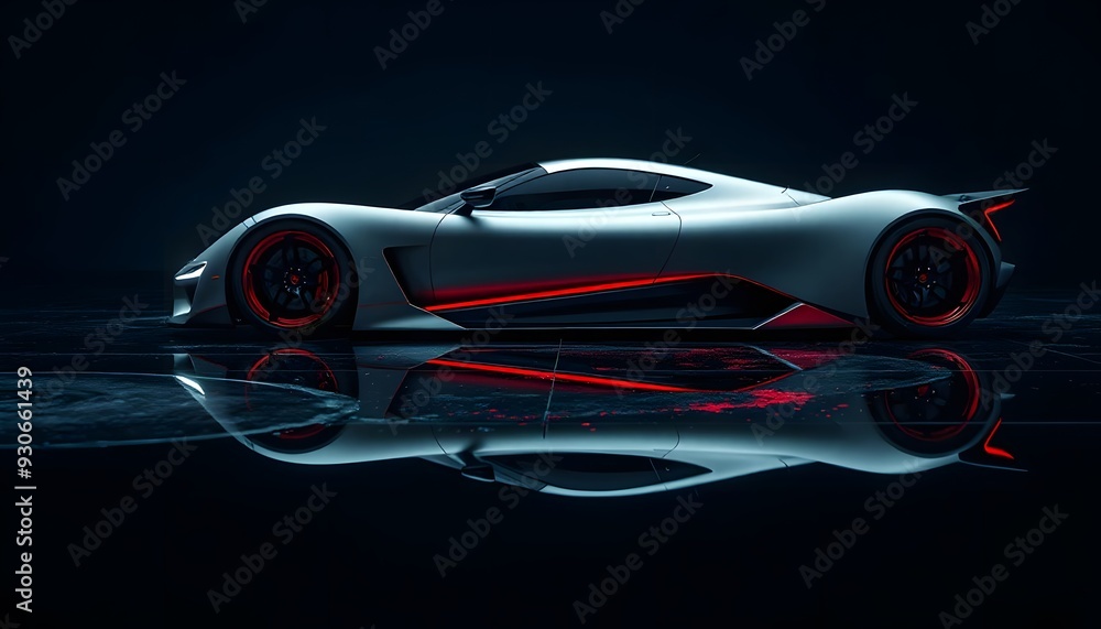 A sleek, futuristic white sports car with red accents, reflected in a glossy black surface A sleek, futuristic white sports car with red accents, reflected in a glossy black surface