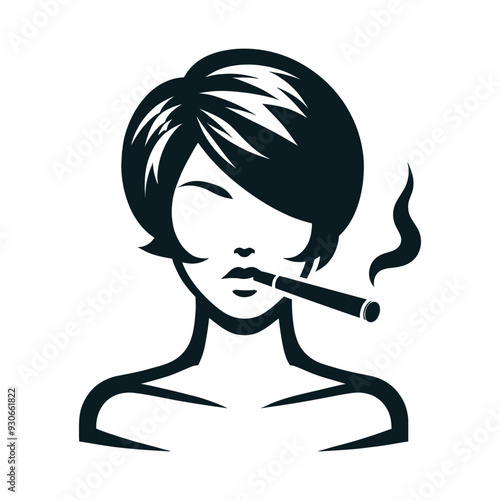 Vector icon of a woman with short hair smoking, designed in a minimalist and bold monochrome style.