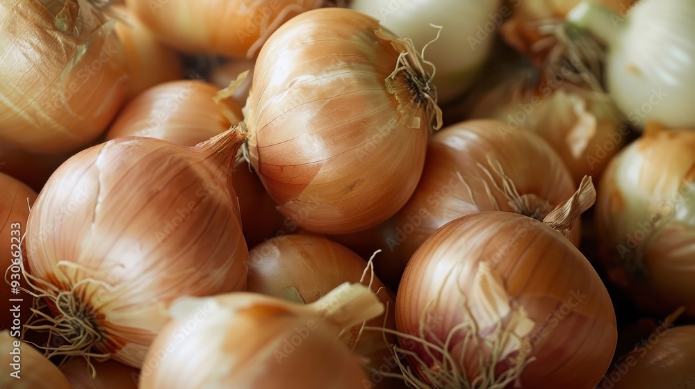Fresh onions piled together, highlighting their crisp color and textured surfaces up close Fresh onions piled together, highlighting their crisp color and textured surfaces up close