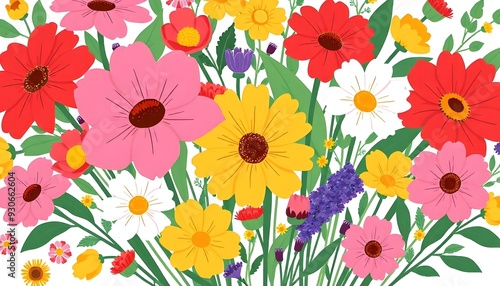 A colorful bouquet of various flowers illustration including orange daisies, red poppies, white daisies, and other vibrant blooms against a light background