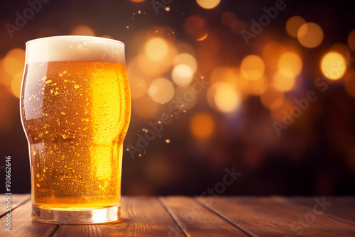 Themed bar background, close-up of beer glass with copy space for writing.