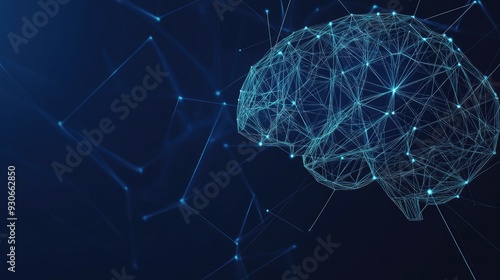 AI brain made of glowing lines and dots, showcasing futuristic technology. Human brain activity with plexus lines, illustrating external cerebral connections. Ideal for AI, psychology concepts