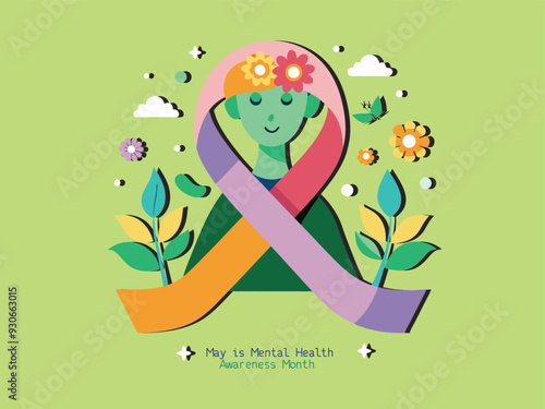 The concept of mental health. A young woman smiles and hugs her brain, symbolizing concern for mental health. Flat vector illustration