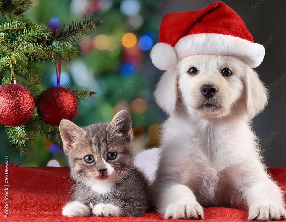 Adorable kitten and puppy together with a Santa Claus hat at Christmas - wishing you merry christmas
Adorable kitten and puppy together with a Santa Claus hat at Christmas - wishing you merry christmas