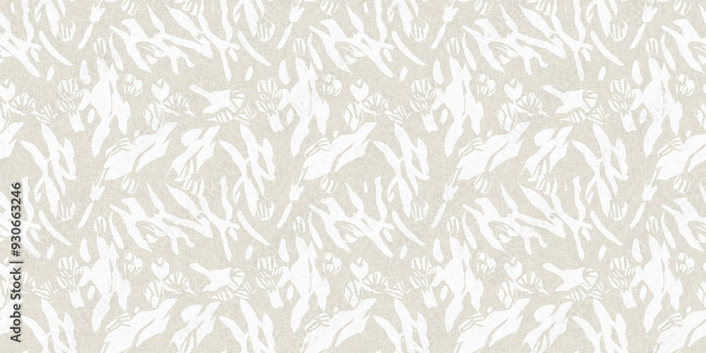 Seamless french gender neutral floral linen printed fabric border background. Light mottled white on grey cottage core block print pattern. Shabby chic woven duotone cloth effect. Seamless french gender neutral floral linen printed fabric border background. Light mottled white on grey cottage core block print pattern. Shabby chic woven duotone cloth effect.
