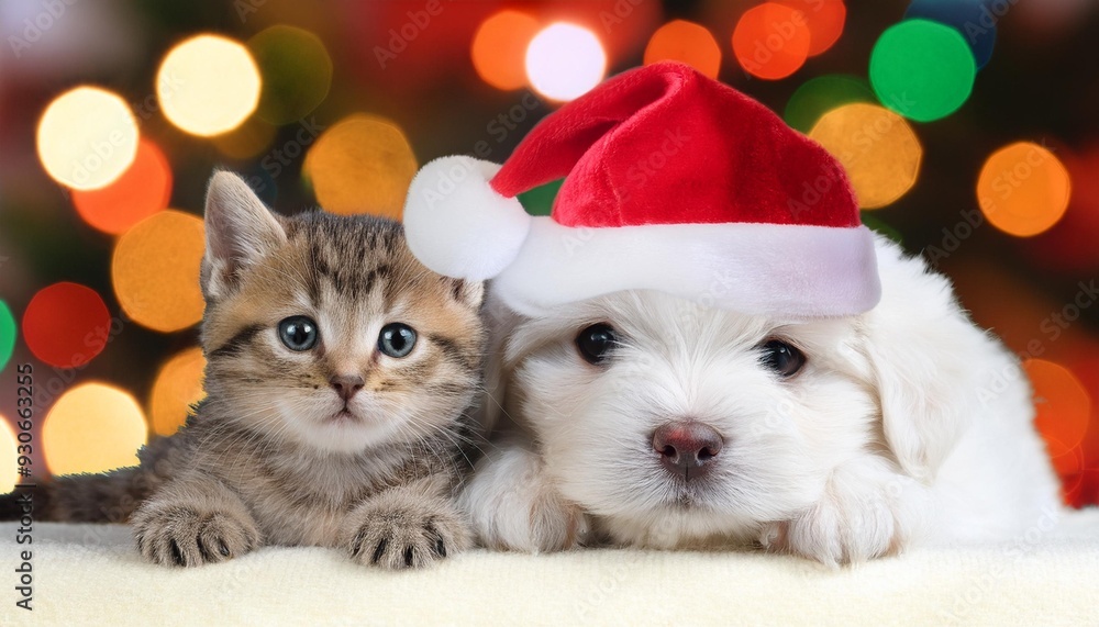 Adorable kitten and puppy together with a Santa Claus hat at Christmas - wishing you merry christmas
Adorable kitten and puppy together with a Santa Claus hat at Christmas - wishing you merry christmas