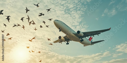 An airbus plane is flying in the sky and birds are flying on the tip of the wing 