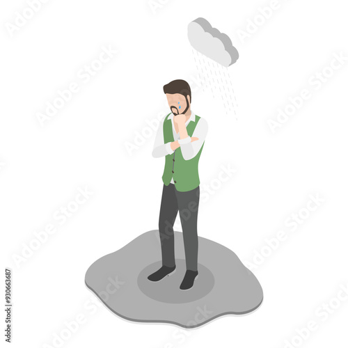 3D Isometric Flat Vector Illustration of Lucky And Unlucky People, Stressed Unhappy vs Smiling Optimistic Person. Item 1