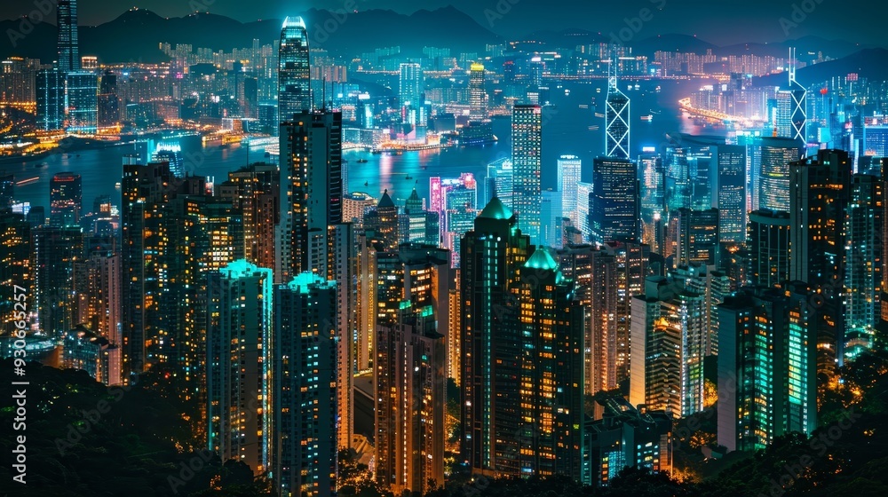 Obraz premium Vibrant City Skyline at Night Showcasing Sustainable Energy Practices