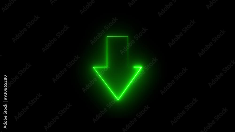 Green color neon arrow downwards moving on black background. Green color neon arrow downwards moving on black background.