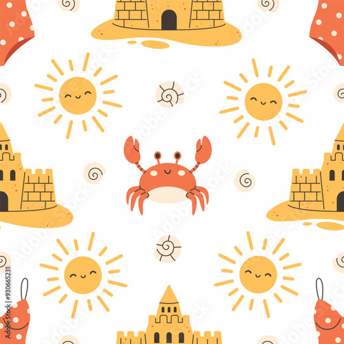 Seamless pattern with sand castle, sun, swimwear, sea shell and crabs. Summer vacation seamless pattern. Vector illustration in flat style