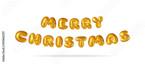 3D Merry Christmas colorful text in gold bright balloon. Render word, x mas text. Greeting card, festive poster, party invitations. New year. Vector illustration