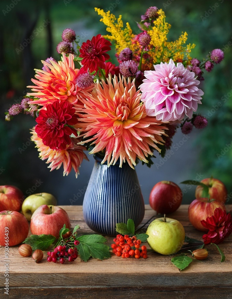 Autumn still life with garden flowers. Beautiful autumnal bouquet in vase, apples and berries on wooden table. Colorful dahlia and chrysanthemum. Autumn still life with garden flowers. Beautiful autumnal bouquet in vase, apples and berries on wooden table. Colorful dahlia and chrysanthemum.