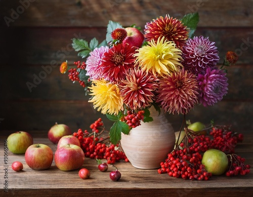 Wallpaper Mural Autumn still life with garden flowers. Beautiful autumnal bouquet in vase, apples and berries on wooden table. Colorful dahlia and chrysanthemum. Torontodigital.ca