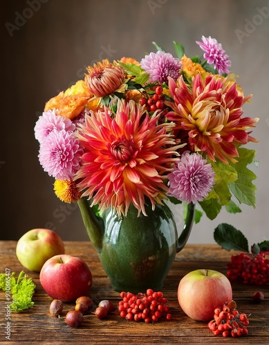 Wallpaper Mural Autumn still life with garden flowers. Beautiful autumnal bouquet in vase, apples and berries on wooden table. Colorful dahlia and chrysanthemum. Torontodigital.ca