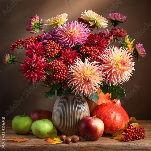 Wallpaper Mural Autumn still life with garden flowers. Beautiful autumnal bouquet in vase, apples and berries on wooden table. Colorful dahlia and chrysanthemum. Torontodigital.ca