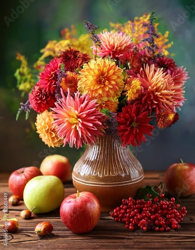 Wallpaper Mural Autumn still life with garden flowers. Beautiful autumnal bouquet in vase, apples and berries on wooden table. Colorful dahlia and chrysanthemum. Torontodigital.ca
