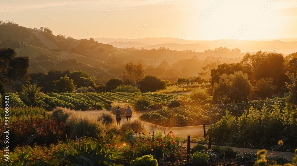 Fototapeta premium Community Vegetable Garden at Sunset with People Tending Plants